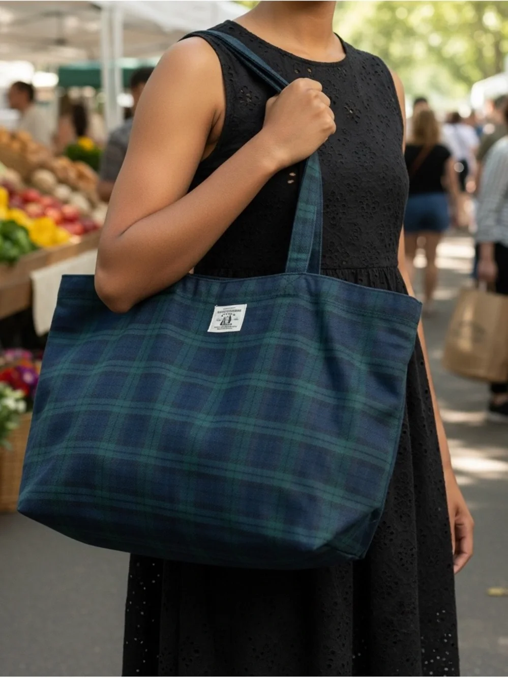 Sezane & Octobre Green and Navy Plaid Tote